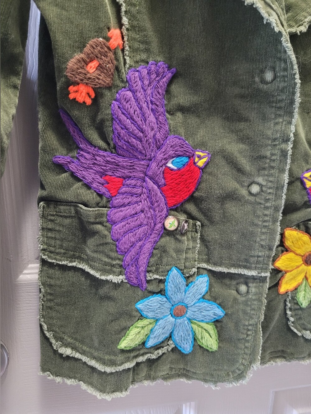 JoyStick Johnny Was Olive Green Corduroy Blazer Embroidered Birds Flowers Boho L - Picture 2 of 12